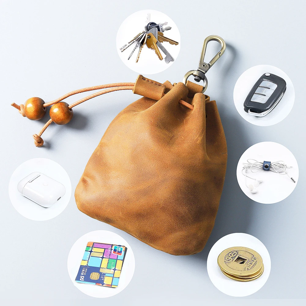 Multi Functional Genuine Leather Coin Purse Key Holder String Money Bag Waist Pouch Retro Cowhide Wallet Travel Supplies