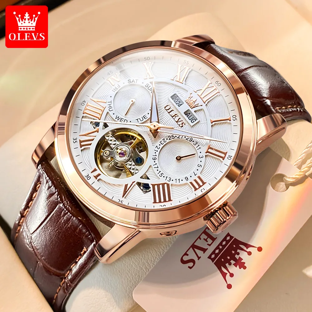 OLEVS Top Brand Automatic Watch for Men Chronograph Moon Phase Calendar Leather Strap Men's Quartz Watch Waterproof Wristwatch