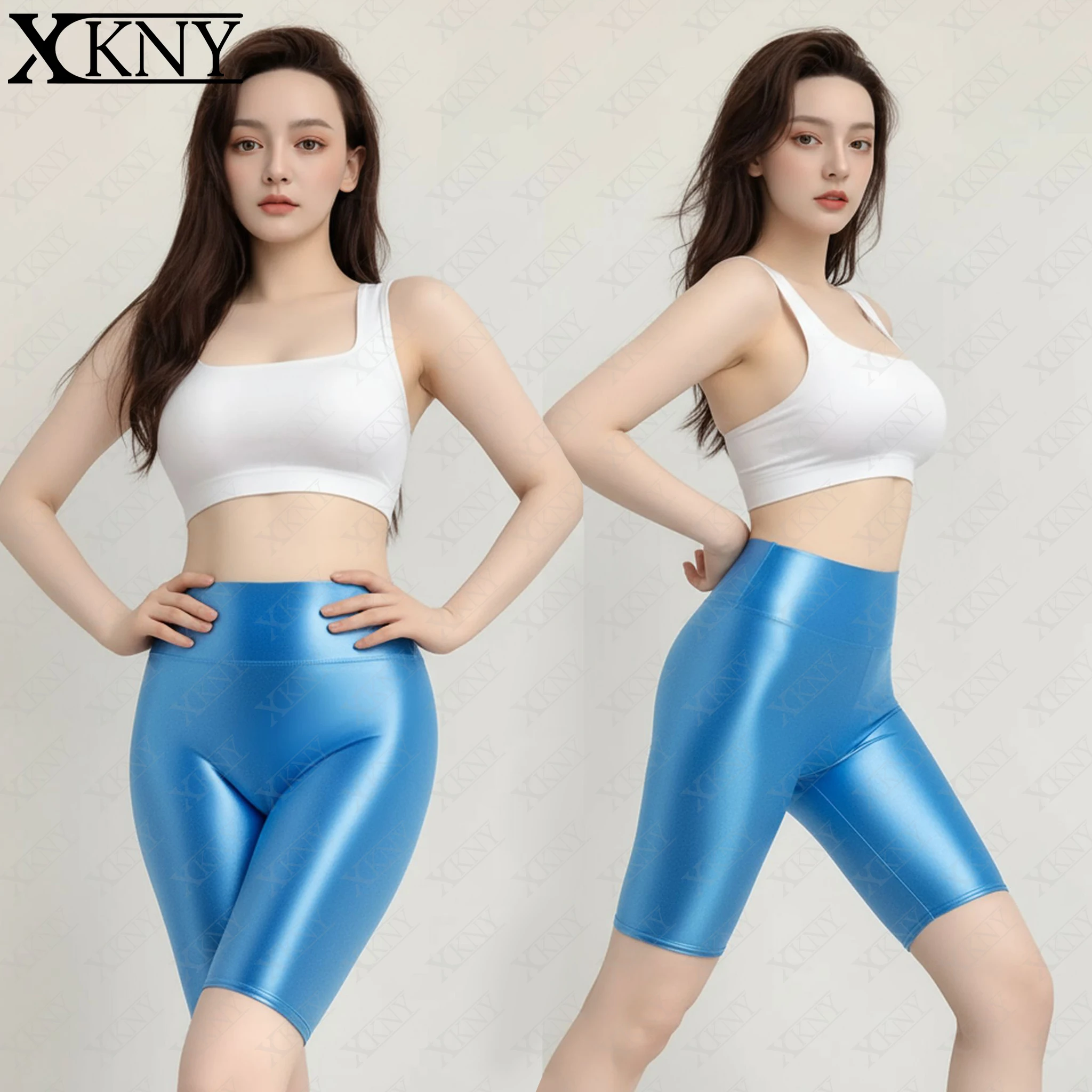 

XCKNY глянцевая серия, бесшовные непрозрачные шорты с промежностью спереди, блестящие узкие шорты мокрого цвета, высокие глянцевые брюки для плавания для йоги