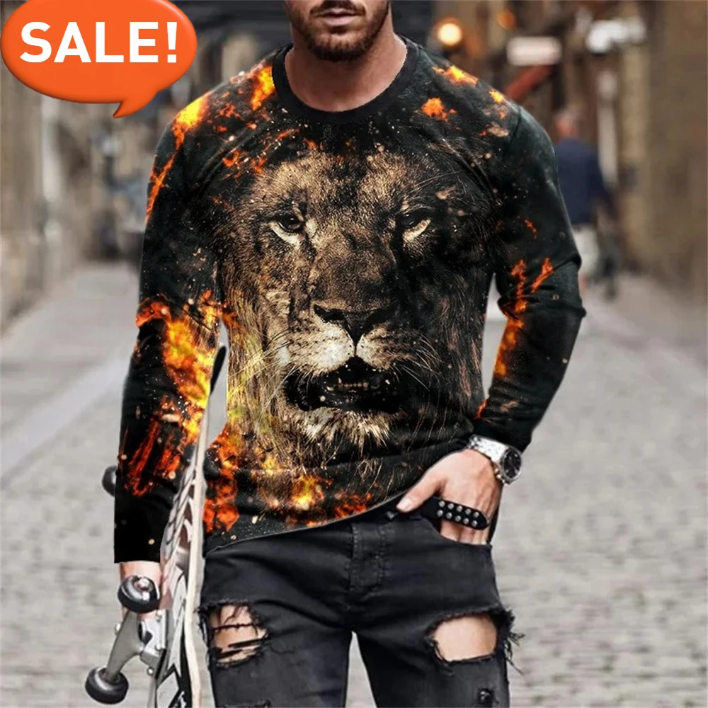 

Men's Long Sleeve T-shirt Lion Y2K Streetwear Men 3D Print Lion Graphic T shirts Simple Round Neck Men's Clothing Mens Clothes