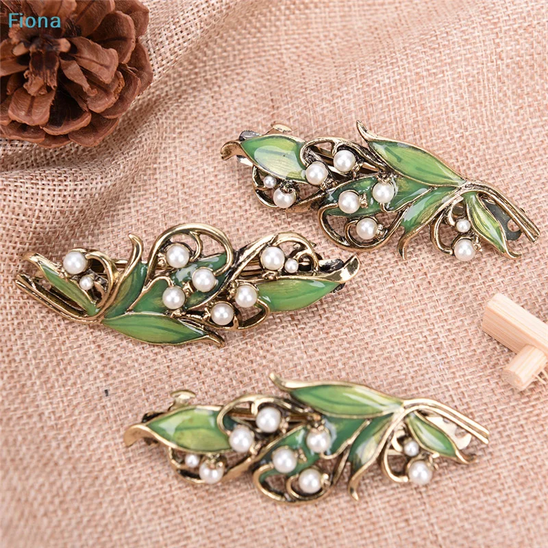 ⛟Enamel Lily of the Valley Hair Barrette,Retro Green Leaf Pearl Hair Clip for Women Elegant Hair Accessories