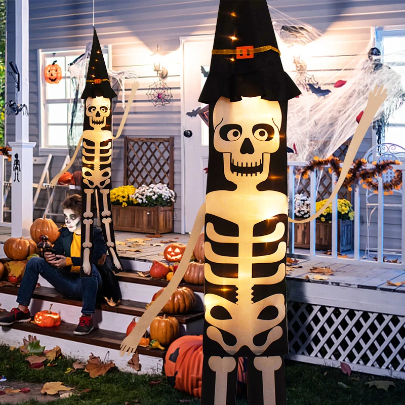 

Halloween Hanging Skeleton Ghost With LED Lights Horror Glow Skull Witch Hat Lamps For Halloween Party Home Decors Haunted House