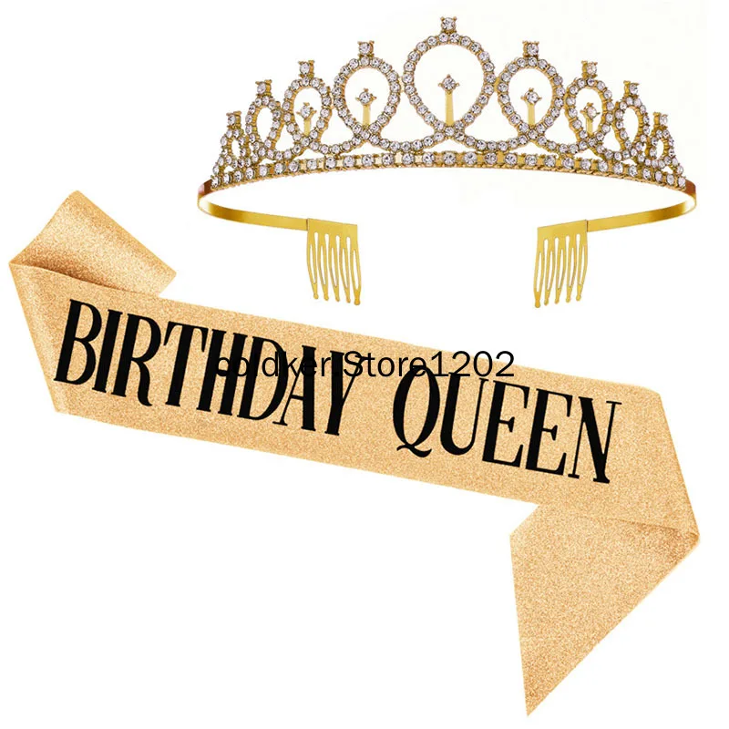 Birthday Party Women Crown Headband Queen Princess Shoulder Strap Etiquette Belt Crystal Rhinestone Headbands Hair Accessories