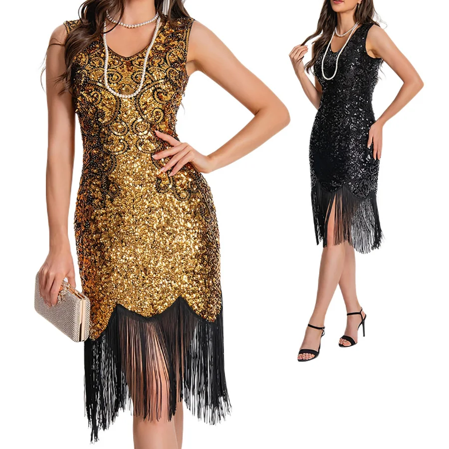 Women's 1920s Flapper Dress Sequined Tassel V-Neck Sleeveless Great Gatsby Cocktail Party Dress