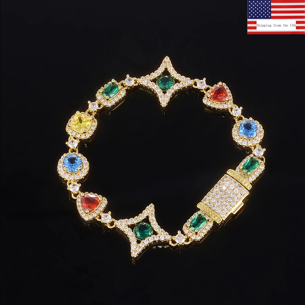 Joyería de Hip Hop para mujer, cadena de estrella de diamante helado, cadena de latón chapada en oro de 18 quilates, pulsera de piedras preciosas cúbicas de circón Multicolor, regalo