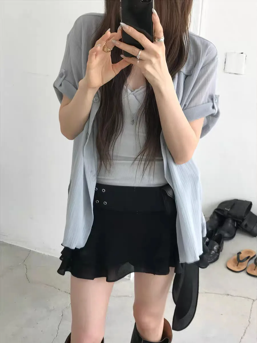 

2026 Summer New Dongdaemun Korean Style Loose Lazy Women's Shirt Thin Short Sleeve Breathable Comfortable Mid-Length Pure Color