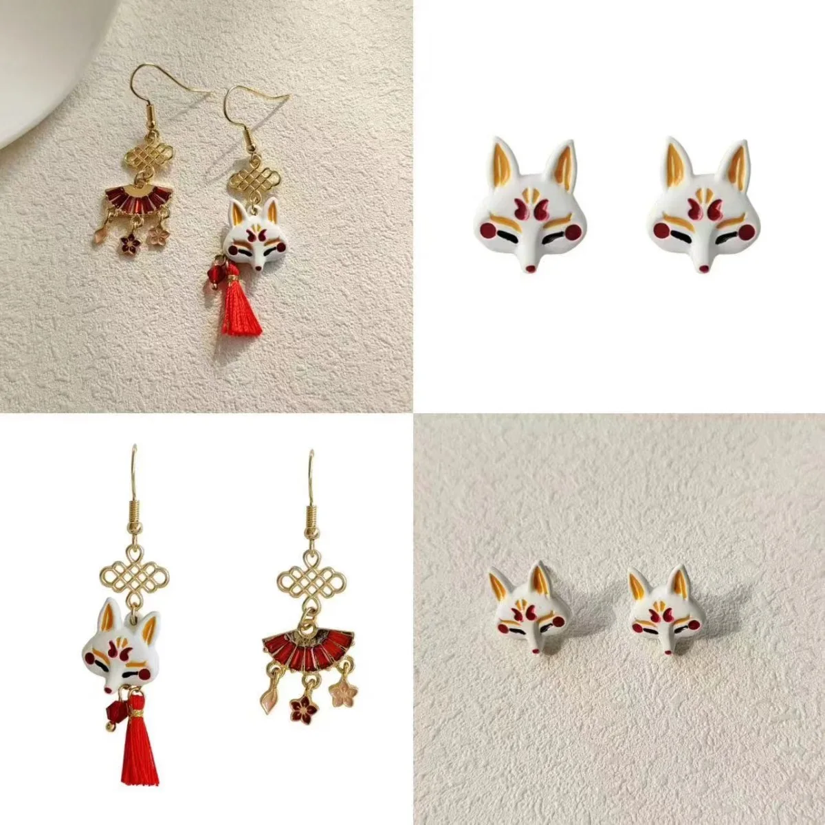 Trendy Fox Mask Earrings for Women Lovely Animal Fan Shaped Jewelry Japanese Style Nine-tailed Fox Pendant Tassel New Year Gifts