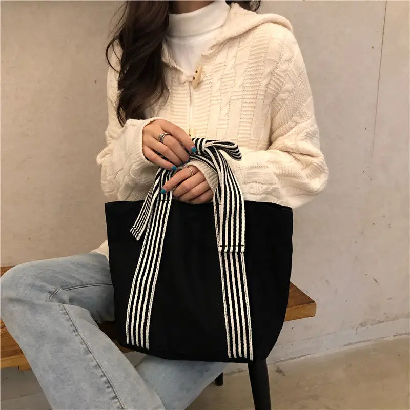 New Fashion Versatile Trendy Stripe Bow Canvas Bag Vintage Canvas Korean Edition Women's Handheld Dark Handbag