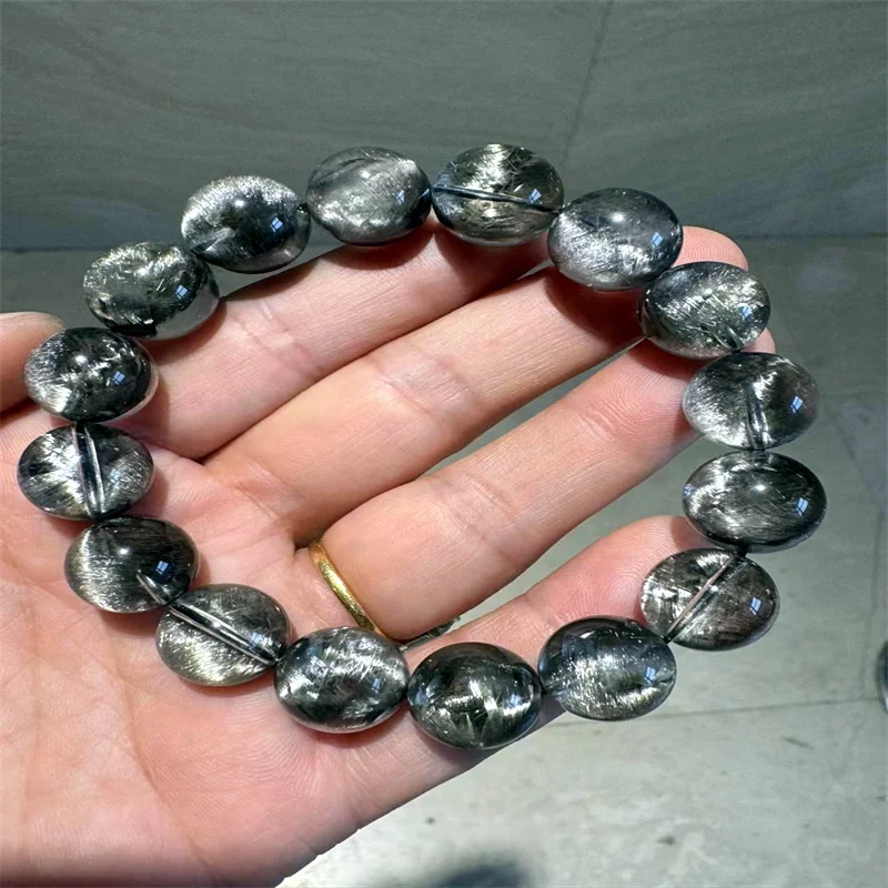 Natural Black And Silver Rutilated Quartz Bracelet High Wealthy Gemstone Fashion Jewelry Fengshui Healing Energy Gift 13.5mm