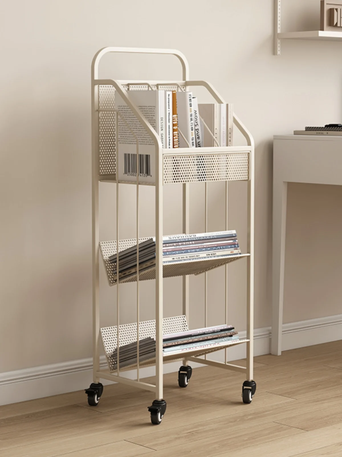 Wheeled movable bookshelf Floor rack Integrated living room storage shelf against the wall