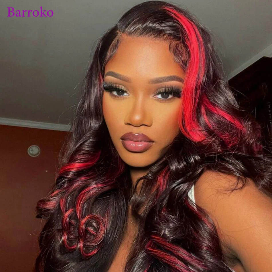 Barroko Omber Red Colored 34 Inch Lace Frontal Wig 13X4 13X6 Transparent Lace 1B Red Body Wave Remy Human Hair Wigs For Women