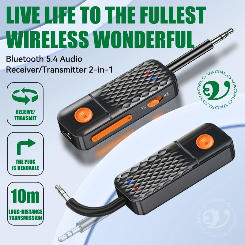 업그레이드된 블루투스 5.4 AUX 송수신기 3.5MM 마이크 내장 HiFi 스테레오 음악 무선 오디오 어댑터 (TV, PC, 비행기, 자동차용)