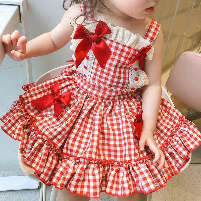 

Baby Girl's Pleated Tutu Skirt Summer Bow Lace Decoration Cute Dress Girls Plaid Printing Girls Sleeveless Dress Clothing