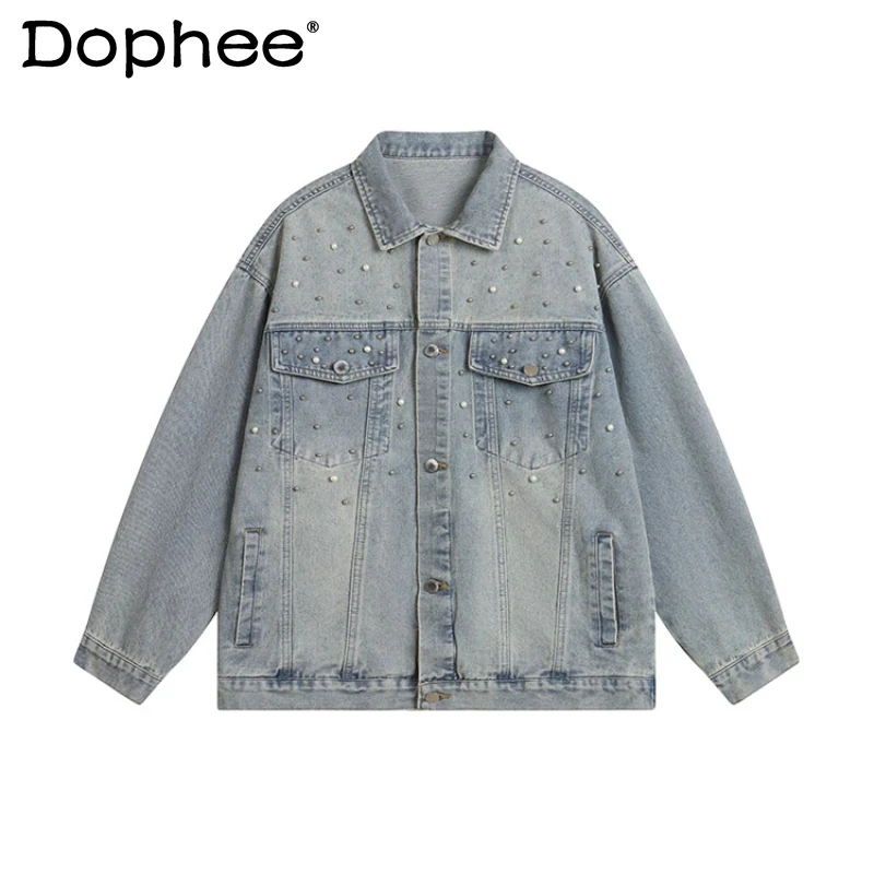 

Men Women 2025 Autumn New Loose High-End Denim Coats Handsome Trend Chic Jackets Men's American Style Retro Beaded Denim Jackets