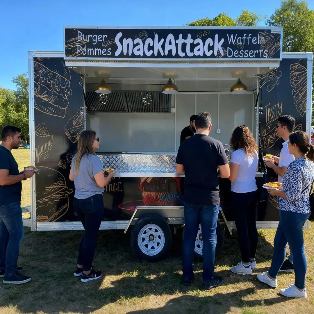 

Dynamic Black Food Truck Decoration Pattern Double-Wheel Portable Mobile Trailer Fashionable Kitchen on Wheels Design