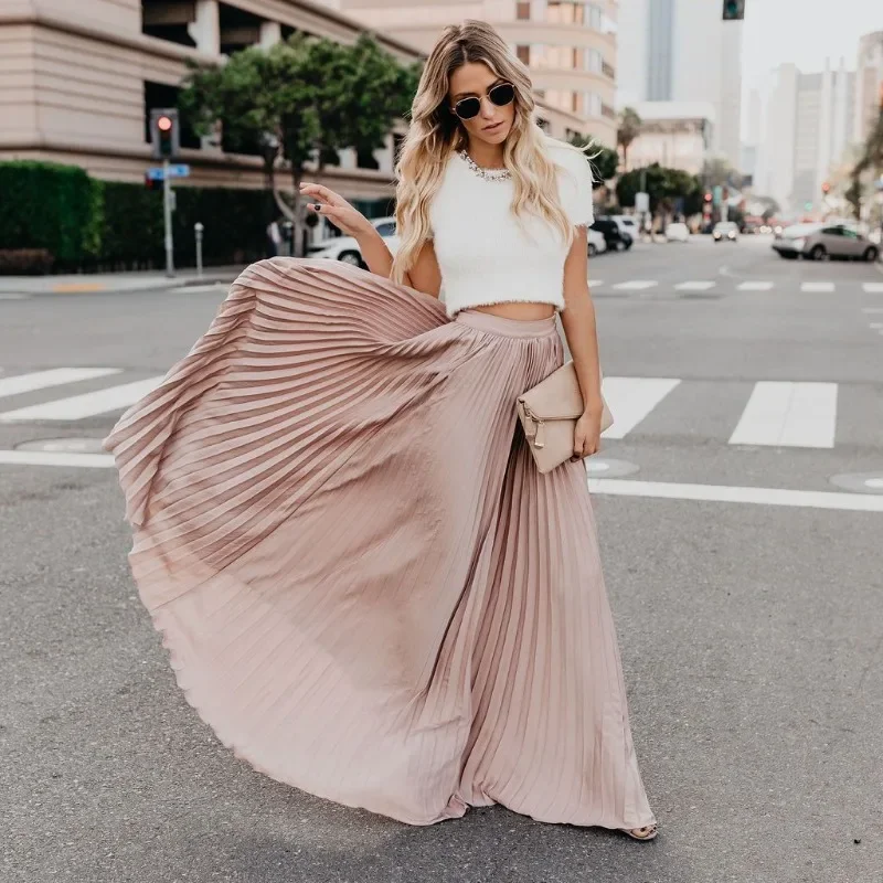 

Fashion Prom Women's Skirt Korean Style Solid High Waist Loose Dresses Elegant Party Ladies Pleated Long Skirts Clothes OFE03