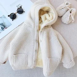 2024 New Winter Kids Baby Clothes Solid Color Knitted Sweater Coat Boys and Girls Fleece Thicken Warm Hooded Cardigan