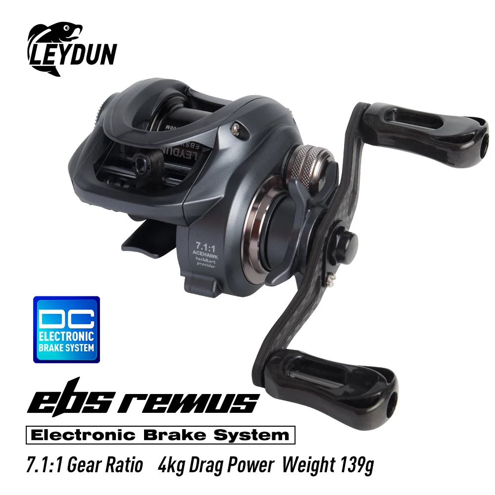 Moulinets de pêche à lancer LEYDUN REMUS avec système de freinage électronique, 139g, rapport de transmission 7.1:1, capacité de frein 4kg, ultra-légers en carbone