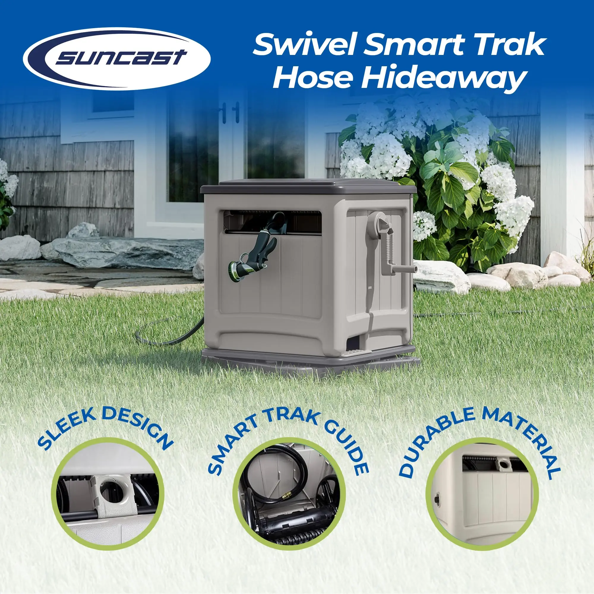 Swivel Smart Trak Hose Hideaway, 225 Foot x 5/8 Inch Garden Hose Reel with Smart Trak Guide & Swivel Base, Dove