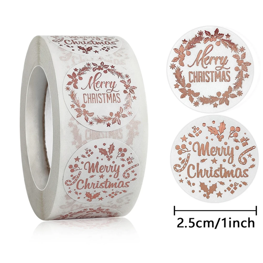 500pcs Rose Gold Merry Christmas Stickers 1 inch Self-adhesive Holiday Stickers For Christmas Decors Wedding Party Cards Label