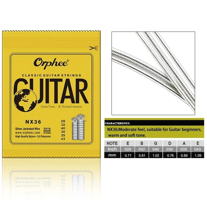 Orphee NX35/NX36 Klassieke Gitaar Snaren Set 6 Snaren Verzilverd Draad Nylon + Polyester Klassieke Gitaar Onderdelen & Accessoires