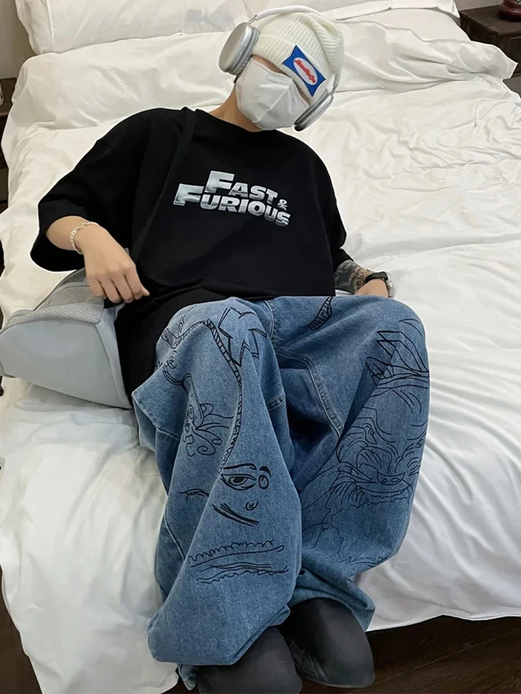 HOUZHOU pantalones vaqueros holgados de Hip Hop para hombre, Jeans azules de gran tamaño, pantalones de pierna ancha estampados, ropa de calle