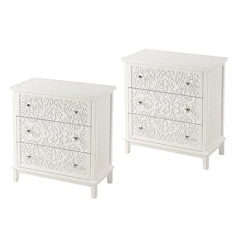 2-Pack Boho Flower Motif Nightstand Set French Country Farmhouse Rustic Dresser Distressed Finish Quality Wood Construction Easy