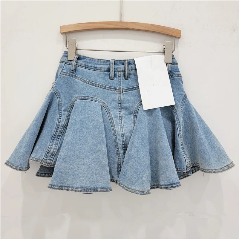 Three-dimensional Cut Deconstructed Lotus Leaf Edge Denim Half Body Skirt, Front Zipper Spliced Pleated Elastic Denim Mini Skirt view 4