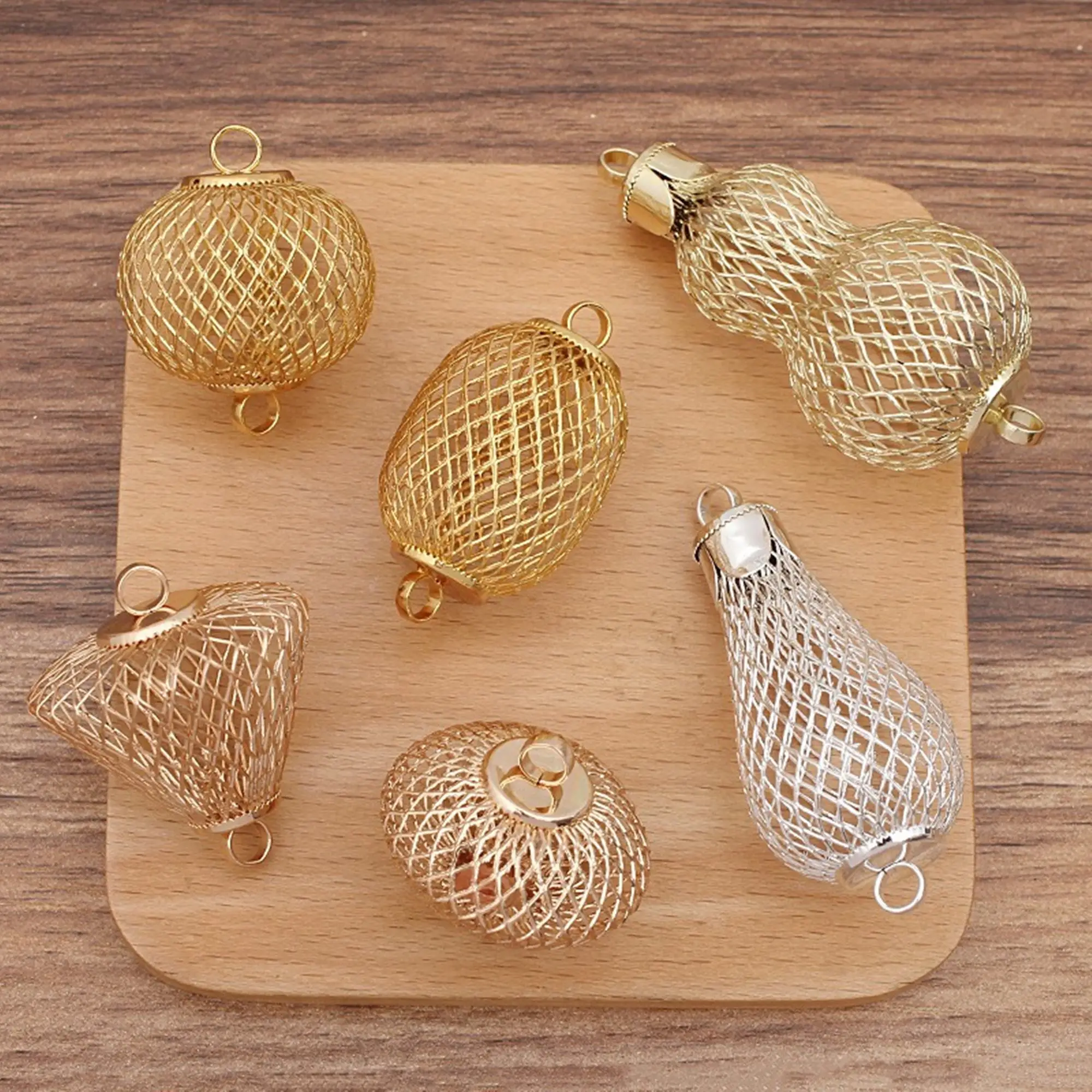

10pcs/lot brass material Vintage-Inspired Wire Mesh Lantern Beads - Hollow Gold kc sliver Tone Charms for Jewelry Making