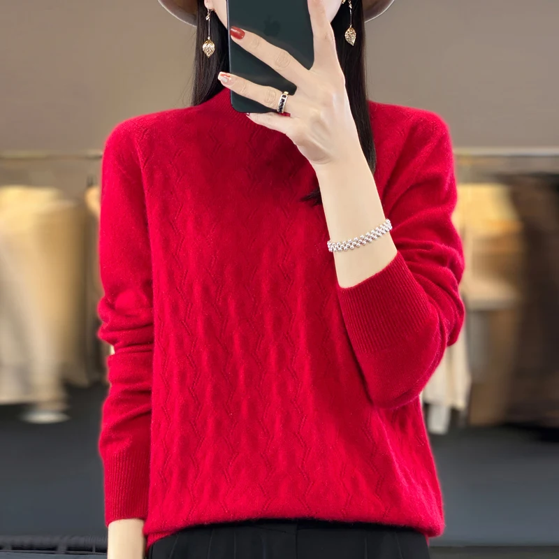 

New Cashmere sweater Women's sweater for Autumn/Winter 2024 100% Merino Wool fashion semi-turtleneck warm soft knit base pullove