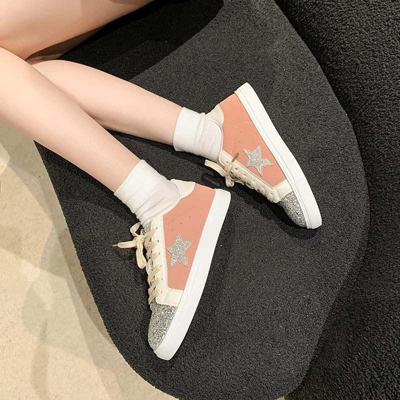 Plus Size Women 2024 New Retro Star Sneakers, Casual Comfortable Dirty Shoes Sequin Lace Up Non Slip Casual Comfortable Flats view 5