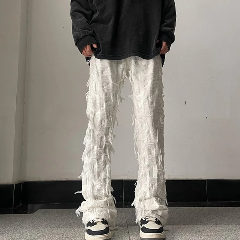 

Streetwear Y2K Tassel Fringe Hole Baggy Jeans Men's White Black Straight Casual Denim Trousers Unisex Loose Oversized Cargos