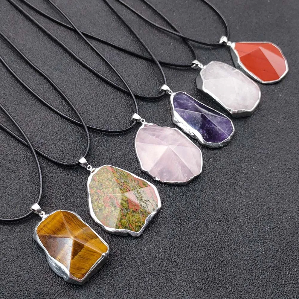 Natural pink and white amethyst tiger's eye stone cut pyramid silver edge pendant red jasper flower greenstone irregular necklac