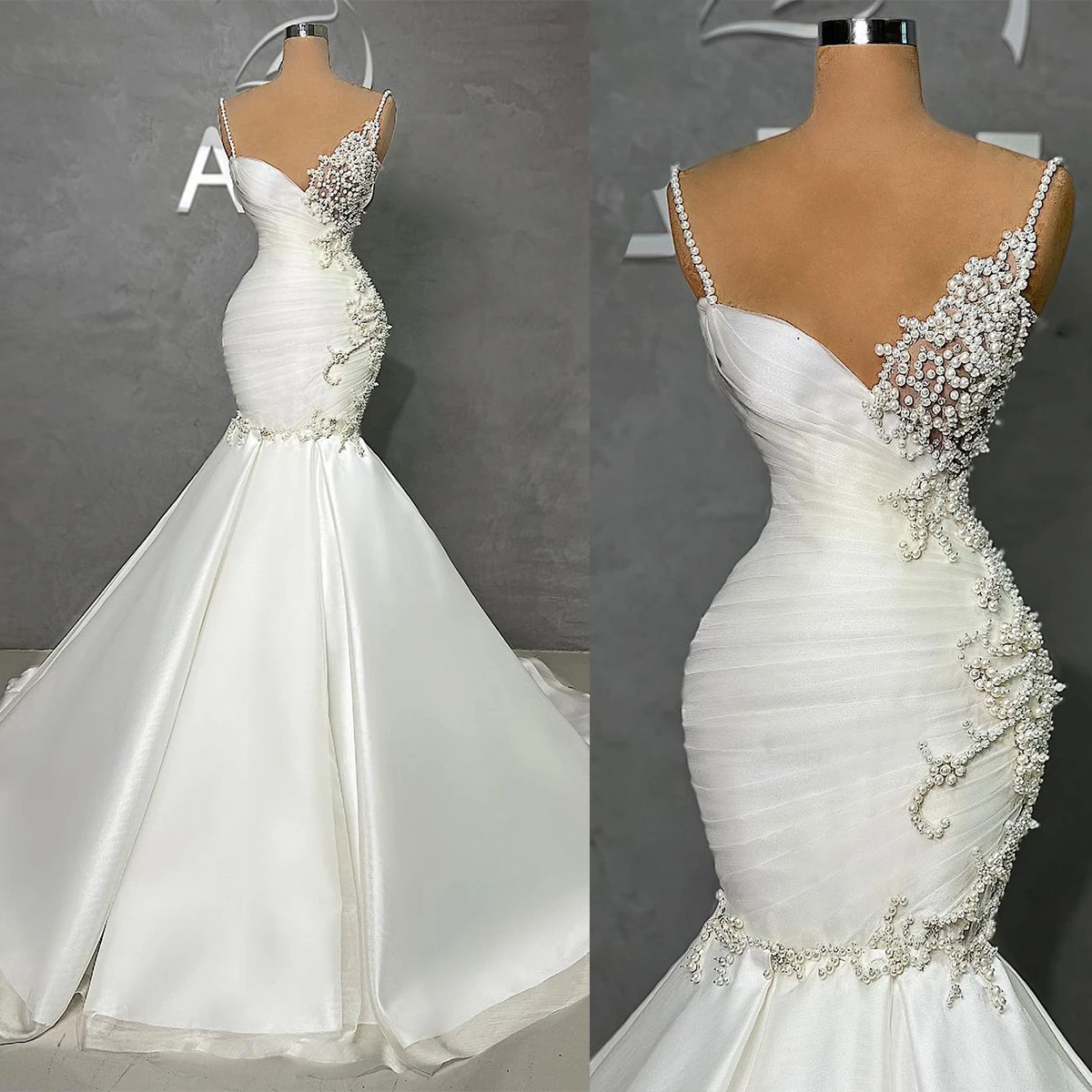 

Arabic Luxury Mermaid Wedding Dress Beading Sexy Spaghetti Straps Saudi Arabic Pearls Bridal Gown Custom Made