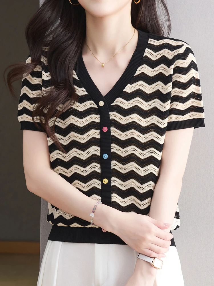 

Stripe Knitted Tops 2025 Spring Summer Fashion Women's Sweaters Pullovers Femme Casual Short Sleeve Top