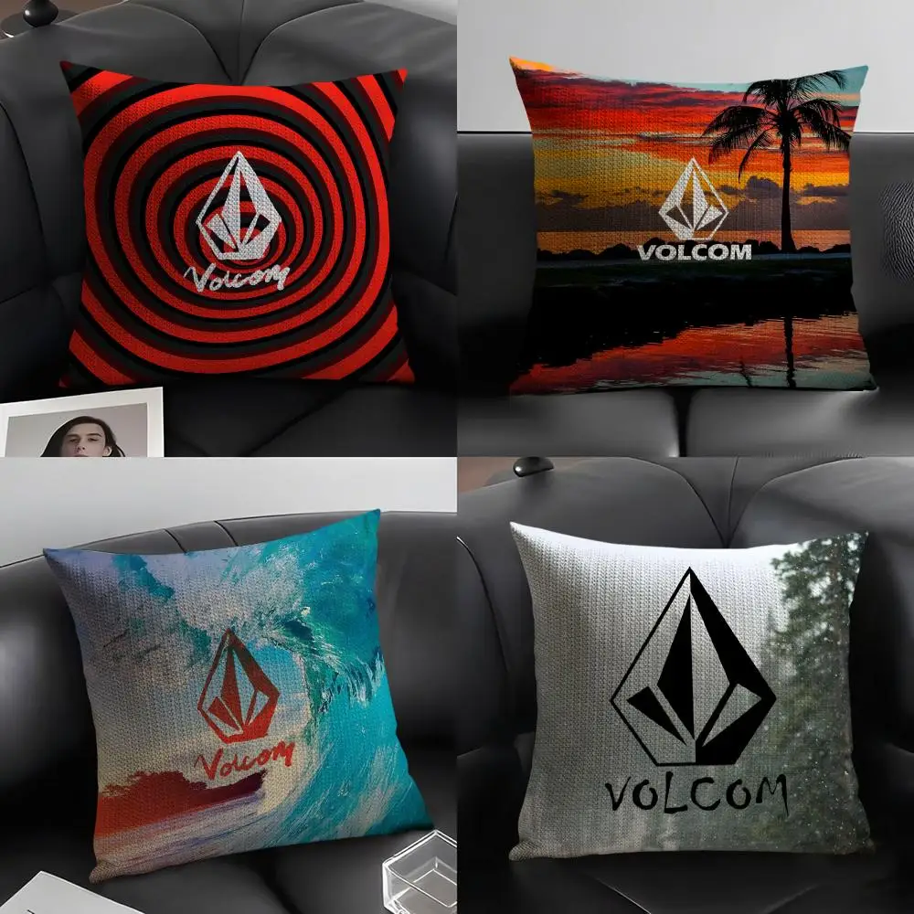 V-Volcom Logo Cushion Cover Natural Linen Organic Fabric Double-Sided Printing Sofa Home Decor Gift Pillow Case