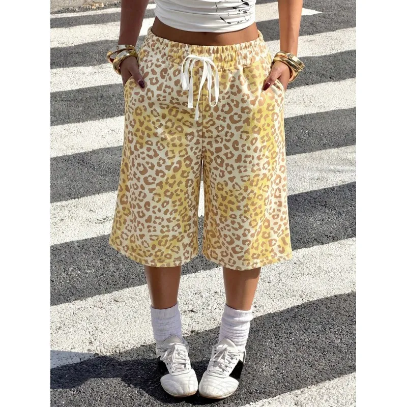 Spring/Summer Fashion casual shorts , leopard print elastic waist drawstring design, casual unisex, American street style shorts