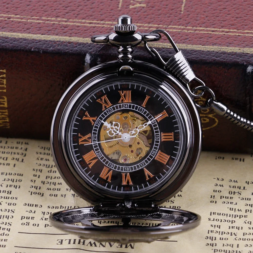 Black Skeleton Boat Rudder Mechanical Pocket Watch Half Hunter Pendant Antique Manual Hand Winding Pocket Clock Vintage Gifts