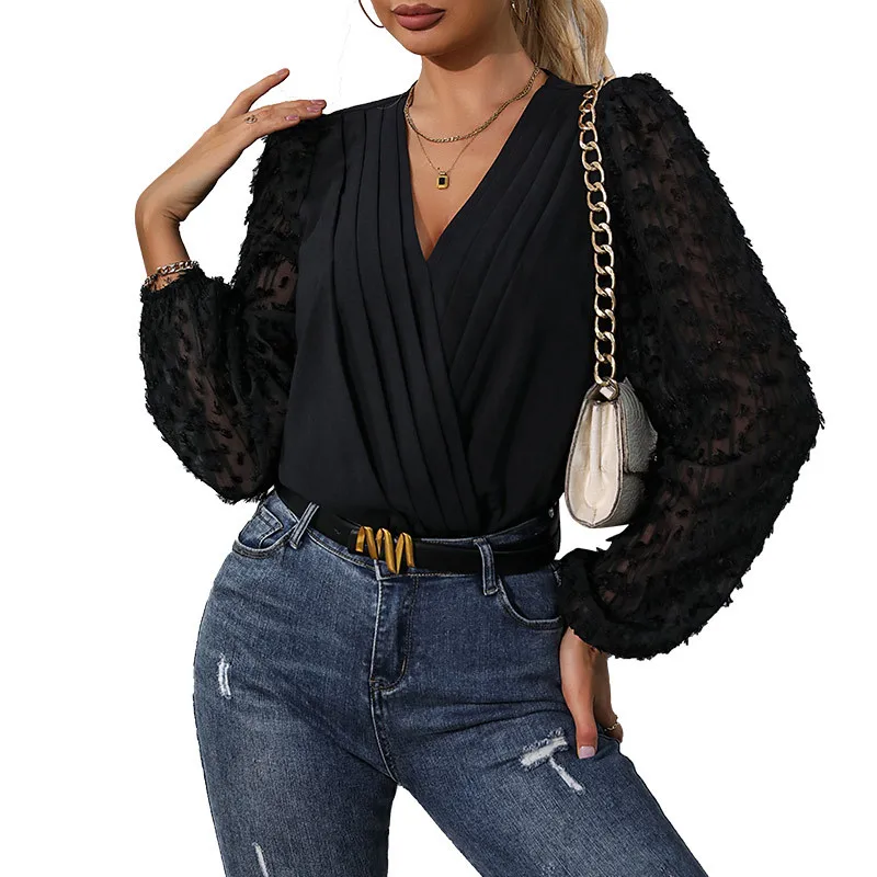 Autumn Solid Color V-Neck Pleated Design Petal Jacquard Slim Fit Long Sleeved Jumpsuit Women's Fashion Shirt Jumpsuit