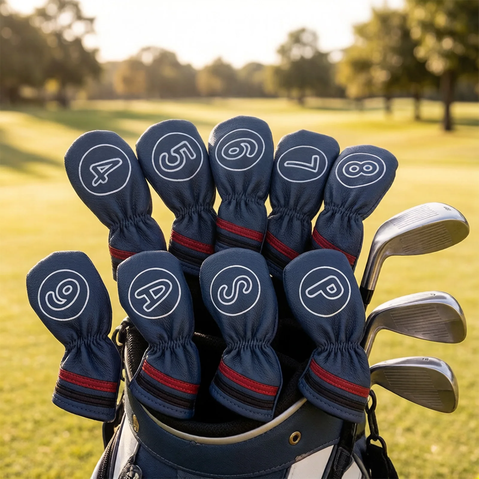 

Olf Iron Headcovers 10Pcs Contrast Stripe Elastic Band PU Club Protective Sleeve for Golfer