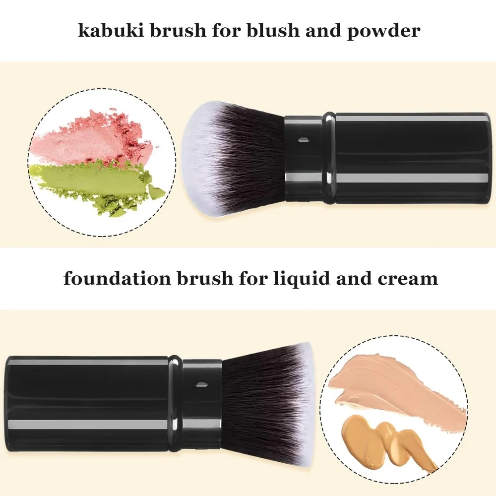 แปรงแต่งหน้าแบบพับเก็บได้ 2 แพ็ค, Travel Kabuki Powder Foundation แปรงแต่งหน้า Face Blush แปรงสําหรับผสมของเหลว, Blush, Bro