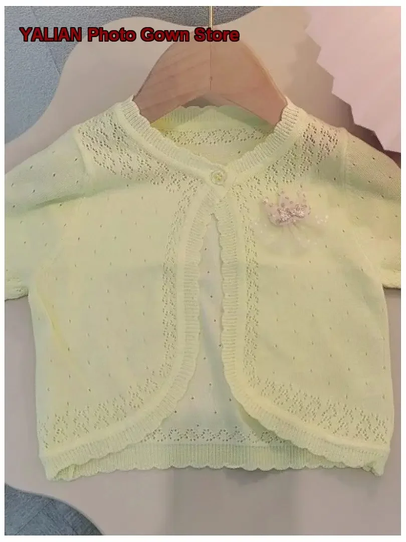 Girls Shawl Summer Kids Air-Conditioning Pure Cotton Thin Outerwear Infant Hollow-Out Knit Cardigan Short Sleeves Baby