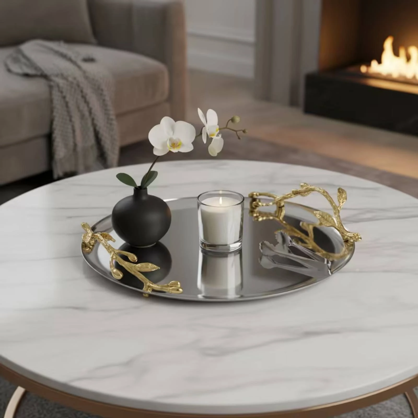 Round Decorative Tray Home Tea Cup Serving Tray Coffee Table Desktop Storage Plate Entryway Key Cup Holder for Home Entrance