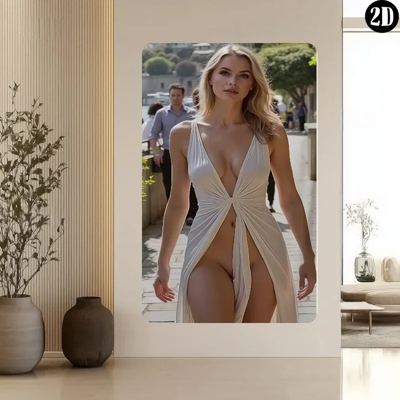 Metal Wall Art Decor - 2D Curvy Woman in White Sheer Modern Easy Install for Home Cafe, Christmas Gift