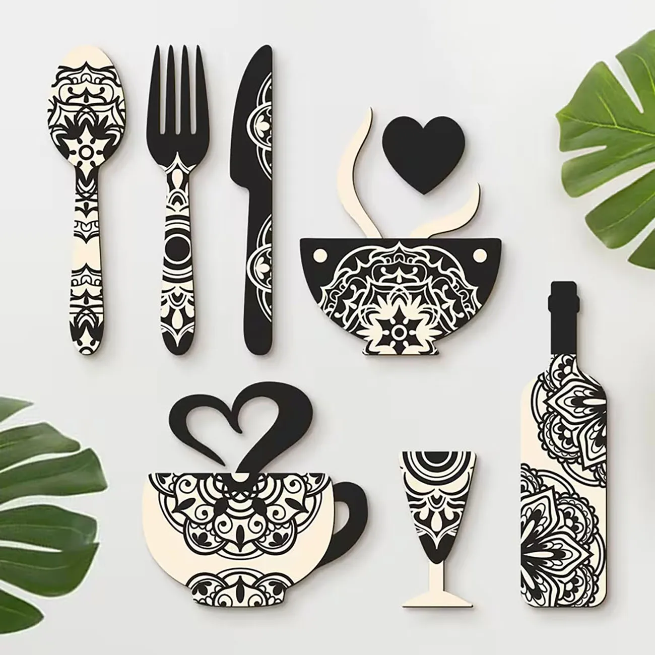 Tableware Coffee Wine Wooden Wall Decor with Nano Tape No Drilling vintage Kitchen Wall Art Ornament
