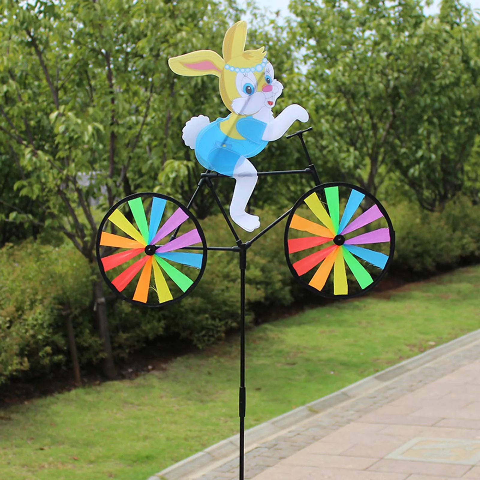 Cute 3D Animal on Bike Windmill Yard Art Whirly Garden Stakes Decorations for Home Outdoor Decors