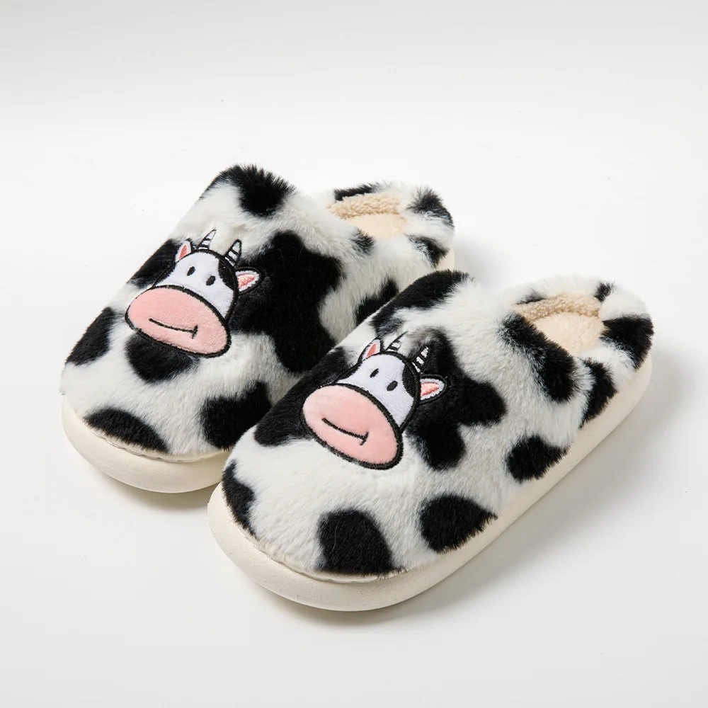 Smile Pop Winter Thickened Plush Women Cotton Slippers Cartoon Cow Cotton Slippers Indoor Non-slip Warm Cute Wool Shoes Couples