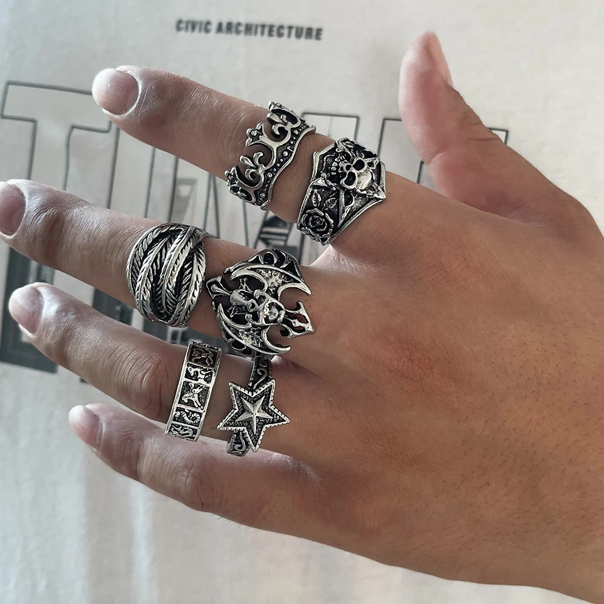 6 قطعة/مجموعة مجوهرات بسيطة على الطراز القوطي المعدني على شكل جمجمة خماسية للرجال خاتم فضة فاسق هدية للحفلات