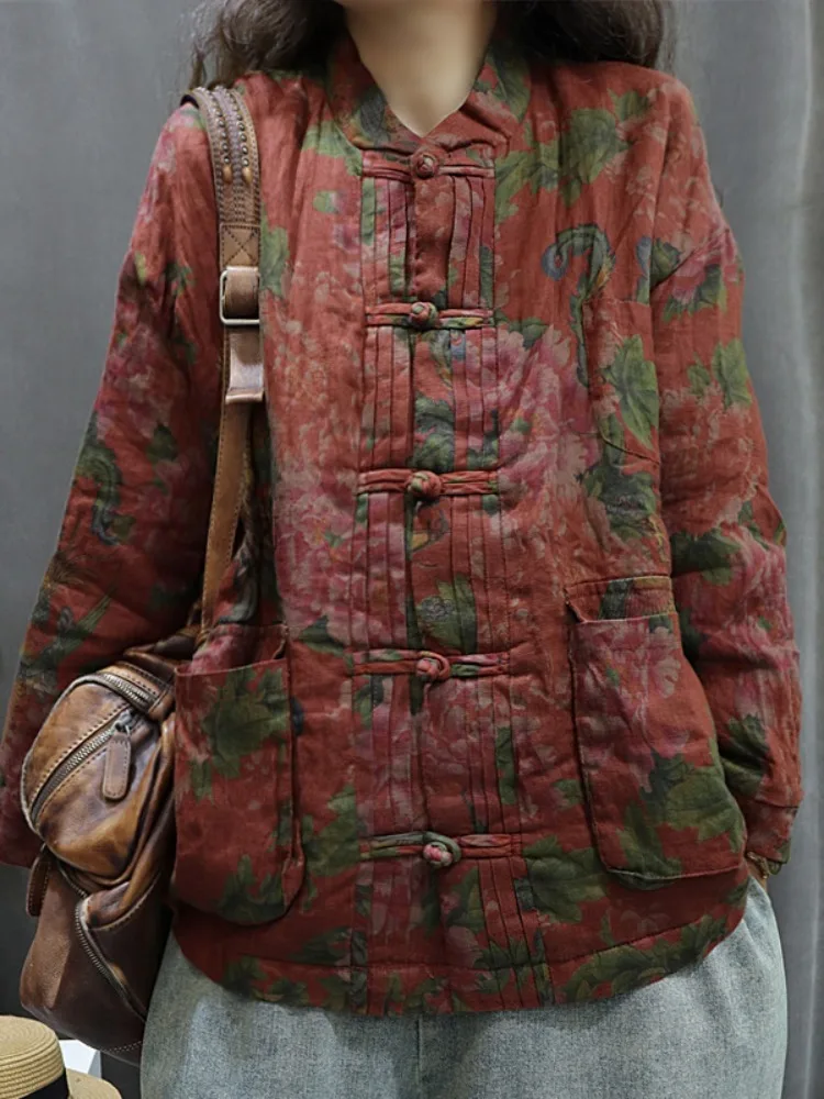 

Женская хлопковая куртка с эффектом похудения и принтом на пуговицах, зимняя верхняя одежда в этническом стиле, хлопковое пальто размера плюс