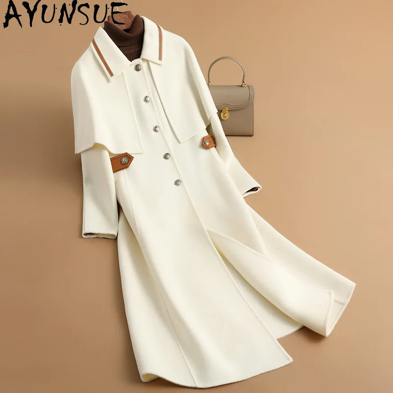 

AYUNSUE 100% Merino Wool Coat Women Double-sided Woolen Coat 2025 Autumn Winter Clothes Elegant Coats Jaqueta Feminina Cloak